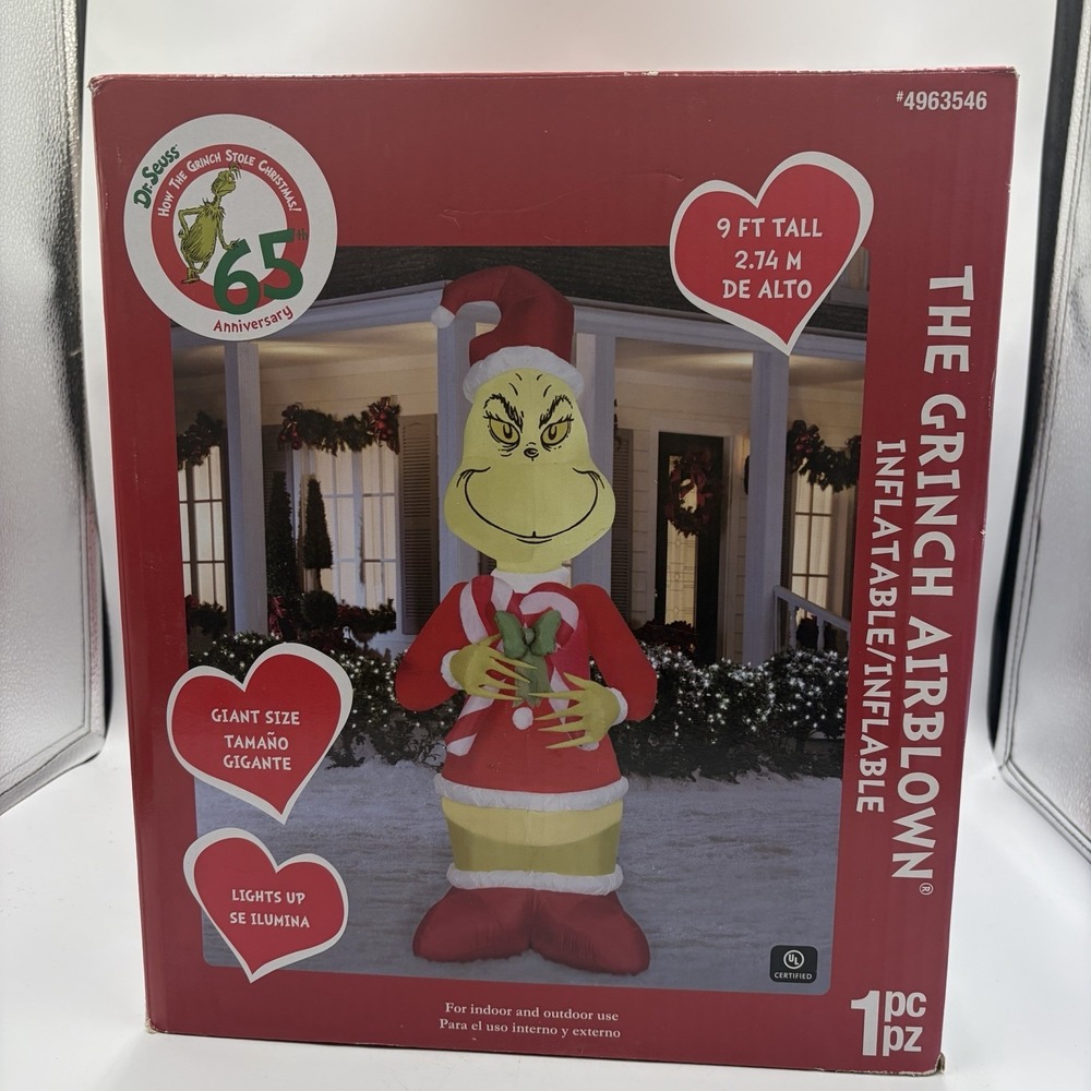 NIB Gemmy Dr Seuss 9 ft The Grinch Santa Suit Candy Cane Airblown Inflatable